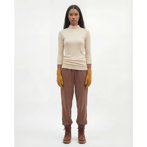 Kadın Ekru Yarım Balıkçı Yaka Fitilli Kaşkorse Bluz - Yumuşak Viskon Dokulu Rahat Kalıp