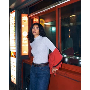 Kadın Gri Melanj Yarım Balıkçı Yaka Fitilli Kaşkorse Bluz - Yumuşak Viskon Dokulu