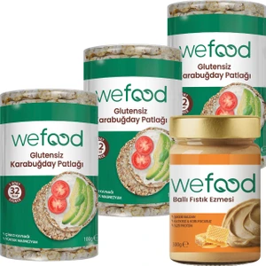 Şekersiz Ham Ballı Fıstık Ezmesi 300 gr + Wefood Glutensiz Karabuğday Patlağı 100 gr 3'lü