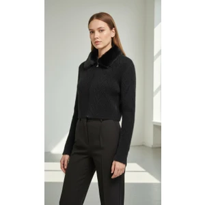 Aymiss Moda Yakası Kürklü,crop,fermuarlı Hırka/ceket