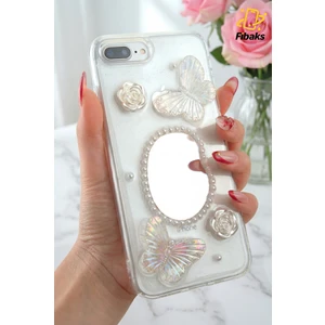 Apple iPhone 7 Plus / 8 Plus Kılıf 3D Kelebek Gül Desenli Aynalı Simli Şeffaf Tasarımlı Silikon Kapak