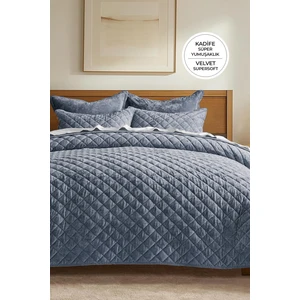 Evlen Home Collection Kapitone Kadife Yatak Örtüsü Seti Çift Kişilik Supersoft 3 Parça Yumuşak Elyaf Dolgulu Çeyizlik Gri