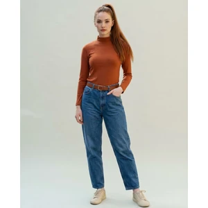 Kadın Tarçın Rengi Yarım Balıkçı Yaka Fitilli Kaşkorse Bluz - Viskon Karışımlı