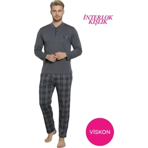 Erkek Füme Ekose Desen Likralı Pamuk Uzun Kol Kışlık İnterlok Göğüs Cepli Pijama Takımı