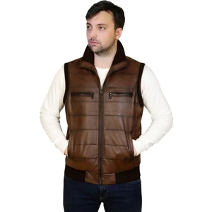 Derije Max Hakiki Deri Erkek Kahverengi Triko Detaylı Şişme Yelek