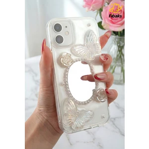 Apple iPhone 11 Kılıf 3D Kelebek Gül Desenli Aynalı Simli Şeffaf Tasarımlı Silikon Kapak