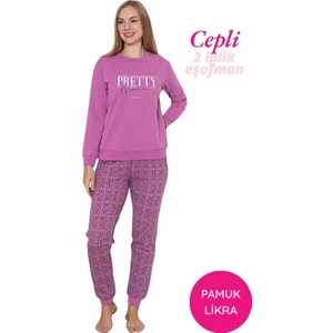 Kadın Pembe Bisiklet Yaka Bilek Manşet 2 İplik Cepli Kışlık Jogger Eşofman Pijama Takımı Homewear