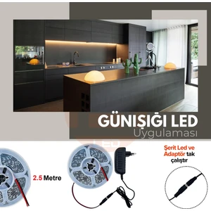 Amber LED 2,5 Metre Günışığı Şerit LED Jaklı 3 Dirençli İç Mekan Tak Çalıştır Adaptör Dahil 12V IP20 Yeni Nesil Yüksek Lümen, Tezgah, Dolap, Mutfak, Ayna Aydınlatma İçin