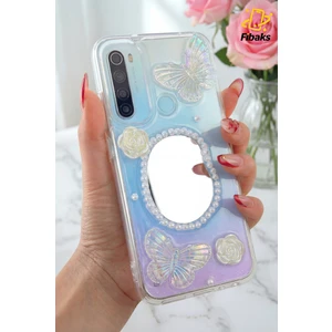 Xiaomi Redmi Note 8 Kılıf 3D Kelebek Gül Desenli Aynalı Simli Şeffaf Tasarımlı Silikon Kapak