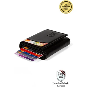Erkek Siyah Orijinal Mekanizmalı Nakit Para Bölmeli RFID Hırsızlık Koruyuculu Özel Kutulu Çıtlı Deri Cüzdan Kartlık