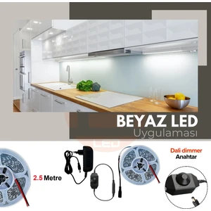 Amber LED 12V Yüksek Parlaklık 4040 Şerit LED Tak Çalıştır Hazır Set, 2.5 Metre Beyaz, Dali Dimmer Aç-Kapa Anahtar ve Adaptör Dahil, Gizli Aydınlatma, Mutfak, Tezgah, Dolap İçi ve Ayna İçin