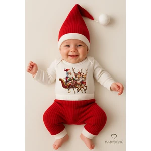 Bebek Yılbaşı Noel Kıyafeti 3’lü Takım,noel Baskılı Uzun Kollu Body,fitilli Pantolon,ponponlu Şapka