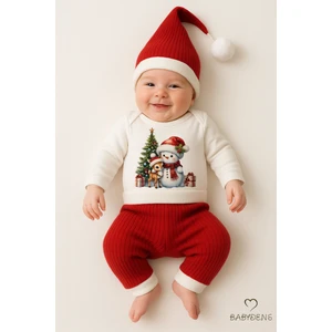 Bebek Yılbaşı Noel Kıyafeti 3’lü Takımı Snowman Baskılı Body,kırmızı Fitilli Pantolon,noel Şapkası
