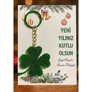 Umut Hediyecilik Yılbaşı Yeşil Yonca Epoksi Kartlı Anahtarlık 8 Adet