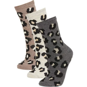 Kadın Leopar Desenli 3'lü Pamuklu Uzun Çorap A5894AXNS