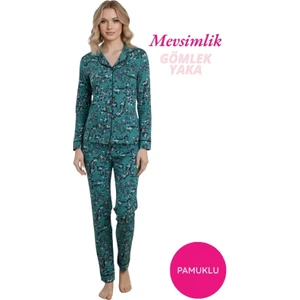 Kadın Yeşil Mevsimlik Pamuk Likra Göğüs Cepli Boydan Önden Düğmeli Gömlek Yaka Uzun Kol Pijama Takım