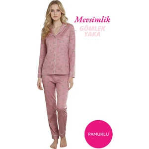Kadın Pembe Kalp Mevsimlik Pamuk Likra Göğüs Cepli Boydan Önden Düğmeli Gömlek Yaka Uzun Kol Pijama Takımı