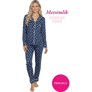 Kadın Lacivert Mevsimlik Pamuk Likra Göğüs Cepli Boydan Önden Düğmeli Gömlek Yaka Uzun Kol Pijama Takımı