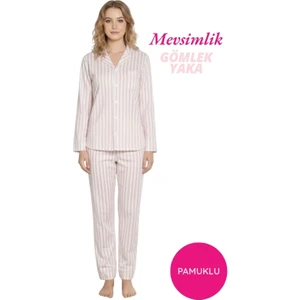 Kadın Pembe Çizgili Mevsimlik Pamuk Likra Göğüs Cepli Önden Düğmeli Gömlek Yaka Uzun Kol Pijama Takımı