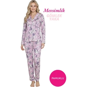 Kadın Lila Mevsimlik Pamuk Likra Göğüs Cepli Boydan Önden Düğmeli Gömlek Yaka Uzun Kol Pijama Takımı