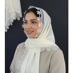 Arzum Çeyiz El Işi Iğne Oyası Mevlüt Başörtüsü 140 * 70 cm Boyutunda - Krem Erik Çiçek Model