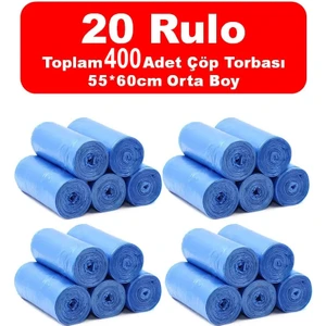 20 Rulo Orta Boy Çöp Torbası Toplam 400 Adet 55*60CM / Dayanıklı Mavi Çöp Poşeti Mutfak Temizlik