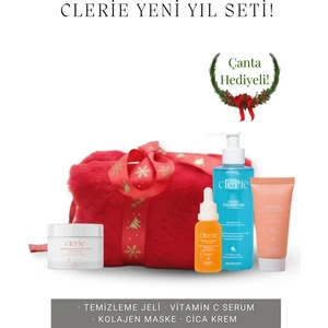 C Vitamini Serum, Cica Krem, Kolajen Maske ve Temizleme Jeli Set + Yılbaşı Makyaj Çantası Hediye!