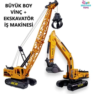 Brother Toys Oyuncak Kırılmaz Iş Makinaları Paletli Ekskavatör + Vinç Erkek Çocuk Oyuncak 