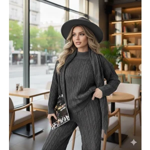 Anbly Collection Şal Atkı Detaylı Saç Örgü Desenli Pantolon Kazakikili Takım