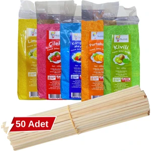 5 Renk Pamuk Şeker Tozu 400 gr + 50 çubuk,  Doğal Meyve Aromalı