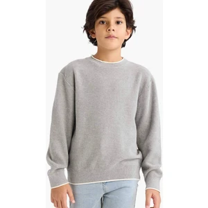 %100 Pamuk Erkek Çocuk Gri Bisiklet Yaka Basic Düz Triko Kazak U8991A624AU