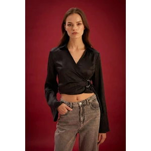 Fitted Wrap Yaka Saten Uzun Kollu Bluz E2735AX24WN