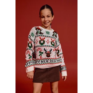 Kız Çocuk Yılbaşı Temalı Oversize Geniş Kalıp Bisiklet Yaka Kazak G0914A825WN