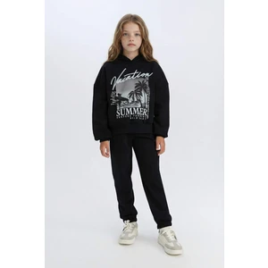 Kız Çocuk 2'li Takım Kapüşonlu Baskılı Sweatshirt Beli Lastikli Jogger Alt D2219A824WN