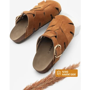 Kadın Hakiki Deri Önü Kapalı Günlük Süet Terlik Yolis Taba Süet