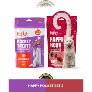 Pocket Treats Anti Hairball - Tüy Yumağı Kontrolü &  Reflex Plus Happy Hour Love Edition Kedi Ödül Maması Seti 2x60 gr