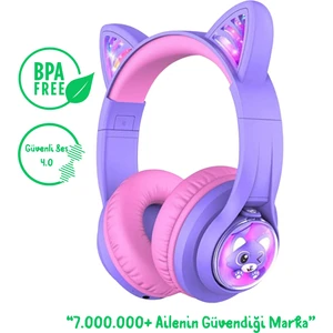 iClever Kedi Kulaklı LED Işıklı Güvenli Ses Sınırlı 45 Saat Oynatma Süreli Bluetooth Çocuk Kulaklığı Mor BPA Free