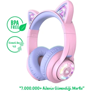 Kedi Kulaklı LED Işıklı Güvenli Ses Sınırlı 50 Saat Oynatma Süreli Bluetooth Çocuk Kulaklığı Lila BPA Free