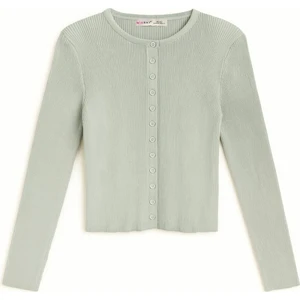 6931 Kadın Düğmeli Fitilli Triko Hırka Çağla