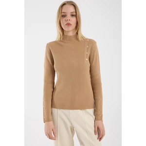 Düğme Detaylı Fitilli Triko Kazak - Kamel