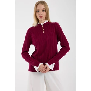 Parça Detaylı Fitilli Triko Kazak - Bordo