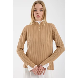 Parça Detaylı Fitilli Triko Kazak - Kamel