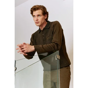 Erkek Polo Yaka Kazak Cepli Desenli Çelik Örgü Klasik Kalıp - 5205F