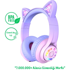 Kedi Kulaklı LED Işıklı Güvenli Ses Sınırlı 50 Saat Oynatma Süreli Bluetooth Çocuk Kulaklığı Granit Pembe BPA Free