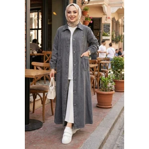 Harma Time Butik Kadın Düğmeli Cepli Denim Gri Kot  Kap