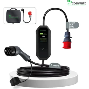 Elektrikli Araç Taşınabilir Şarj Cihazı 11 kW / 16A / Türkçe Menü / 5M / Tip-2 Soket / 5x16A Fiş / 380V AC / Ev Tipi Priz Dönüştürücü Kablo ve Taşıma Çantası