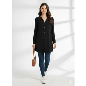 Ribana Classic Kadın Büyük Beden Düğme Detaylı Jesica Kumaş Katlama Kol Gömlek Yaka Tunik
