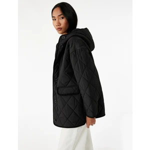 Uzun Kollu Düğmeli Cepli Kapüşonlu Kapitone Mont