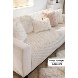 Evlen Home Collection Soft Kürklü Koltuk Örtüsü 170X215 cm Yumuşak Peluş Lüks Kaymaz Taban Kanepe Örtüsü Bej