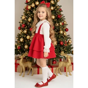 Kız Çocuk Helen Kırmızı Askılı Kat Kat Bağlama Jile Elbise Dantel Detay Ekru Uzun Kollu Bluz Takım TKM-0190.3